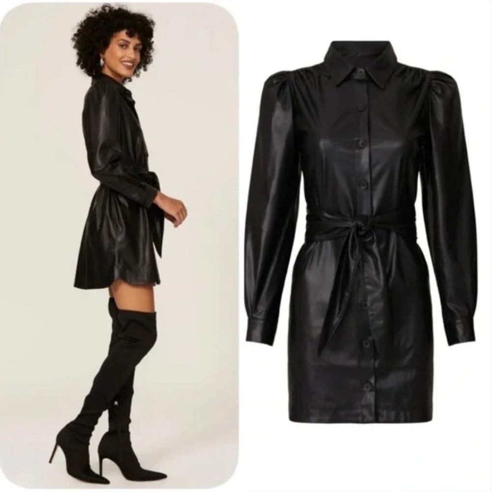 PETER SOM COLLECTIVE  Faux Vegan Leather Button Down Shirtdress Black 6